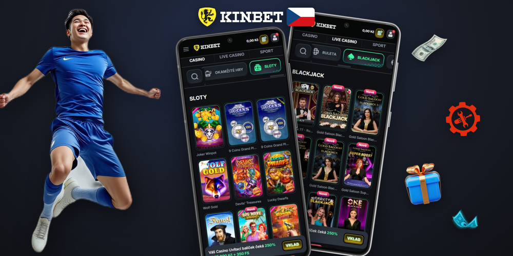 Mobilní aplikace Kinbet Casino s živými sázkami a kasinovými sloty vedle sebe