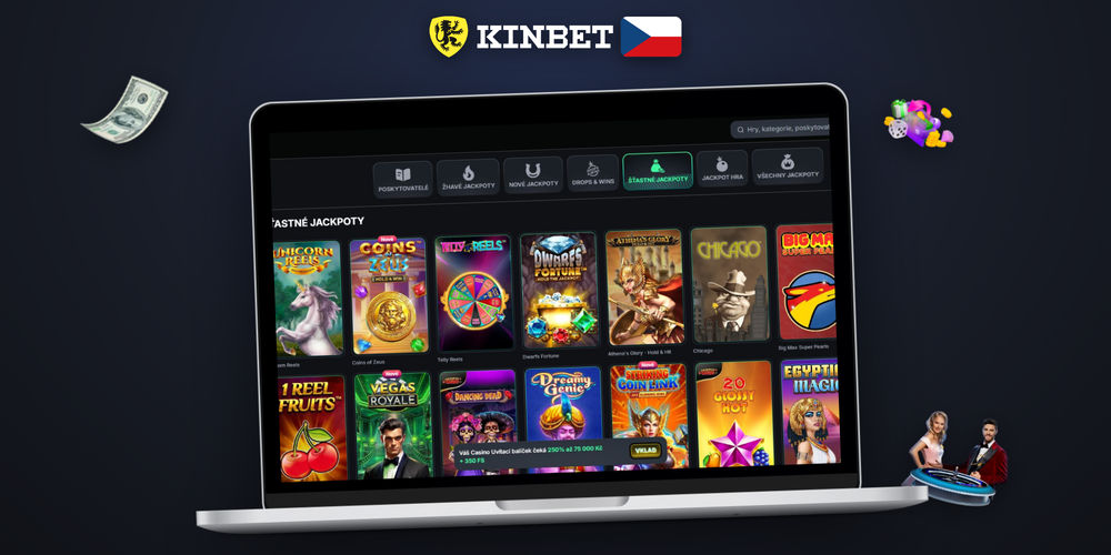 Panoramatický pohled na monitor s lobby Kinbet Casino desktop klienta a herními dlaždicemi