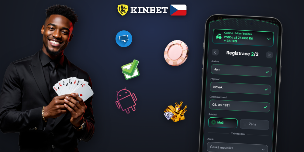 Kinbet Casino CZ registrace s náhledem lobby automatů a živého kasina